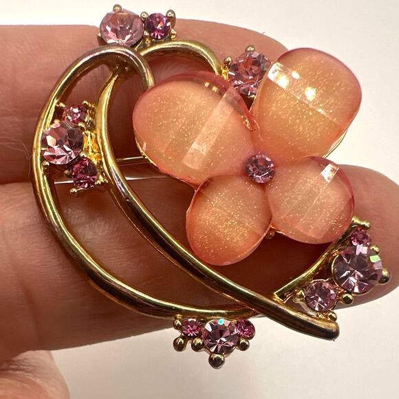 gold-tone brooch w/pink & orange enamel & rhinestone details heart &flower shape - Picture 5 of 5